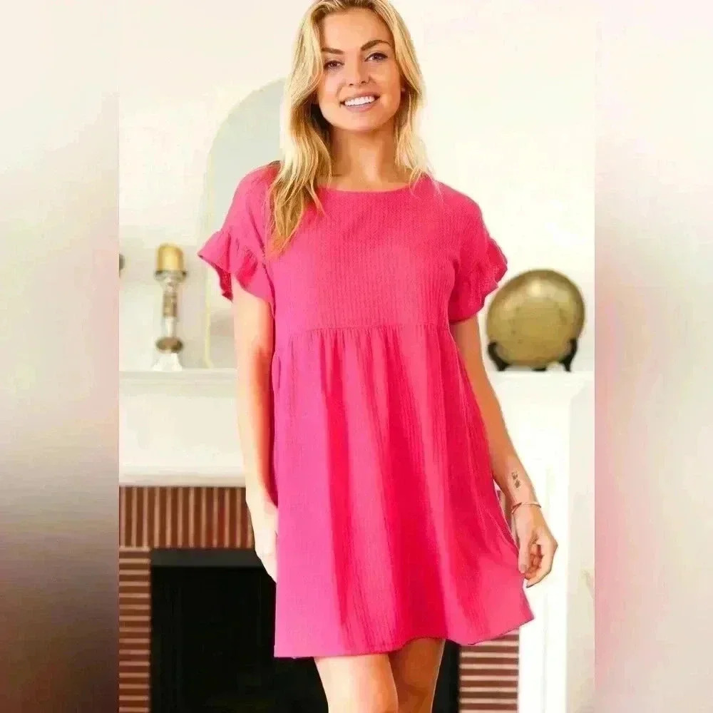 Summer Days Fuchsia Waffle Knit Ruffle Sleeve Babydoll Dress